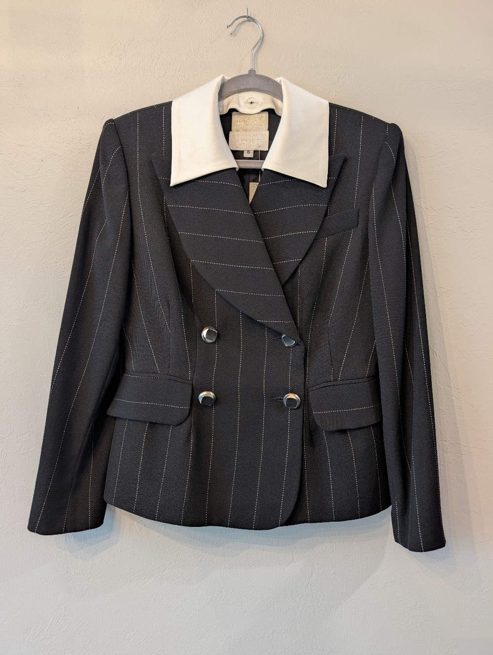 Alberto Makali for Caché Wool Blazer Women’s 6 Black Pinstripe White Boss Lady